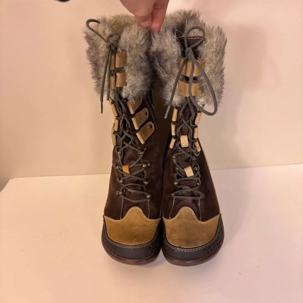 Jambu Brown and Tan Suede Lace Up Fur Top Heeled Tall Boots‎ 6